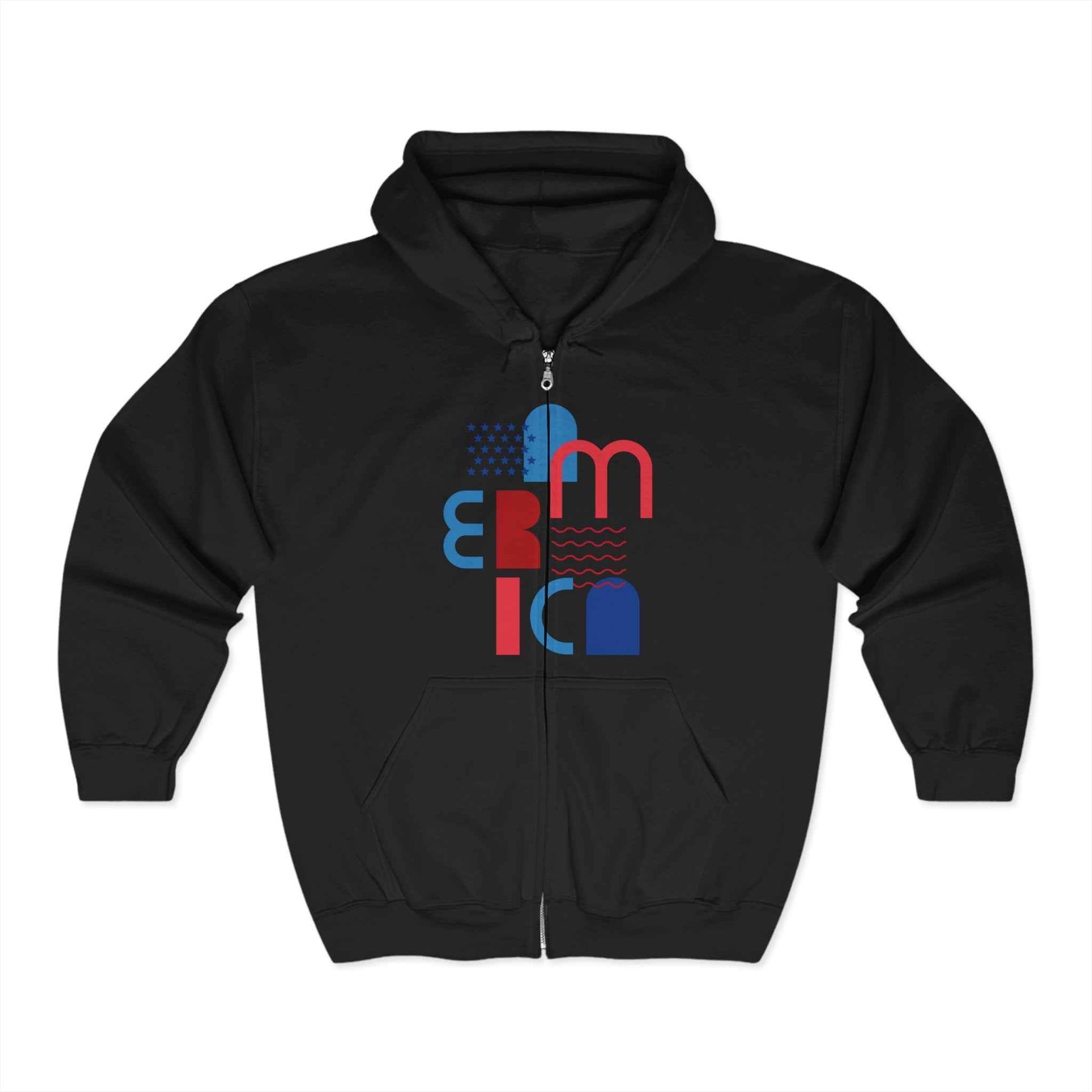 Felpa con Cappuccio e Zip America Nera Cozy Unisex Heavy Blend