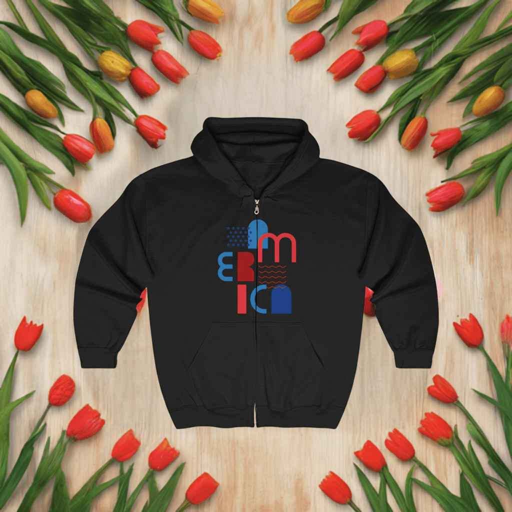 Felpa con Cappuccio e Zip America Nera Cozy Unisex Heavy Blend